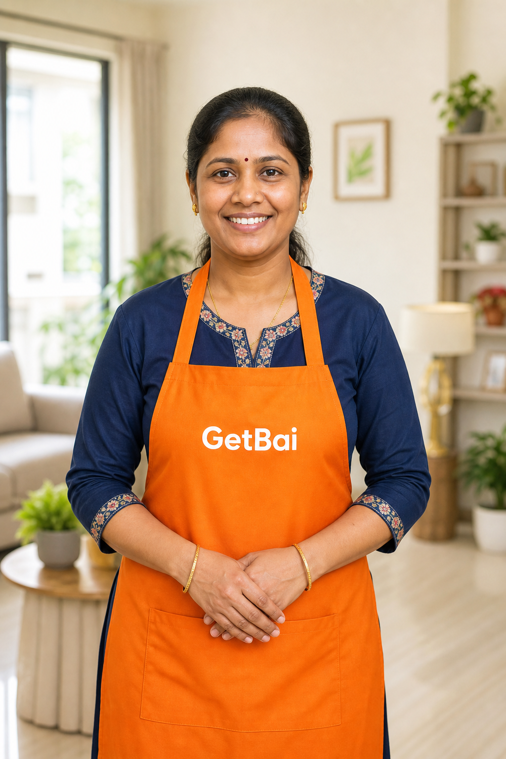 Indian maid wearing GetBai apron