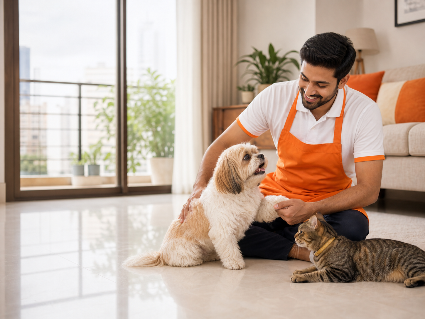 Male GetBai pet care professional caring for a dog and cat at home