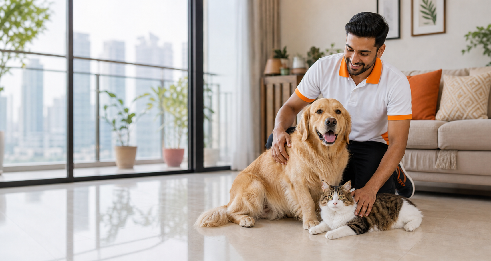 Male GetBai pet care professional caring for pets at home