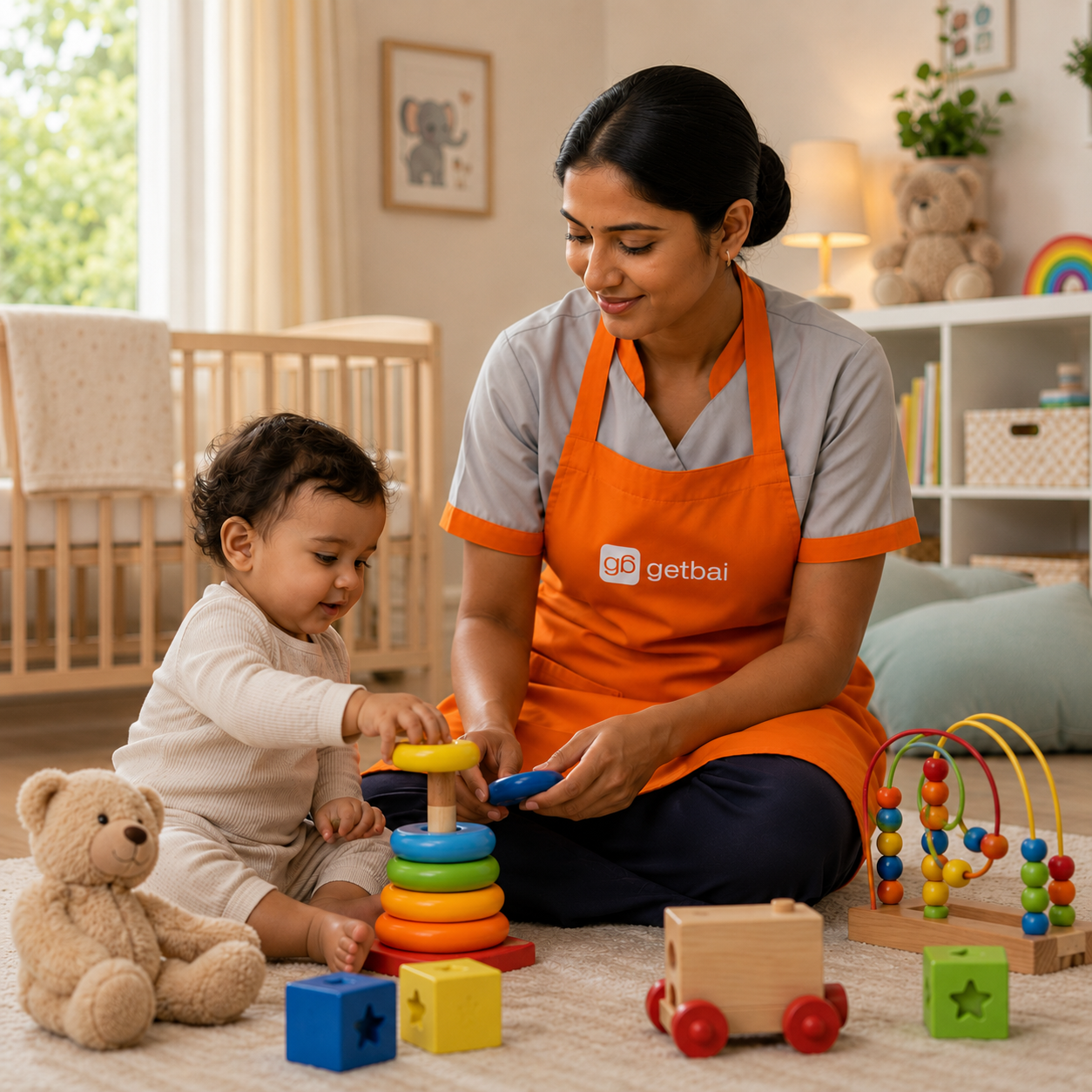Female GetBai babysitter in orange apron caring for a child