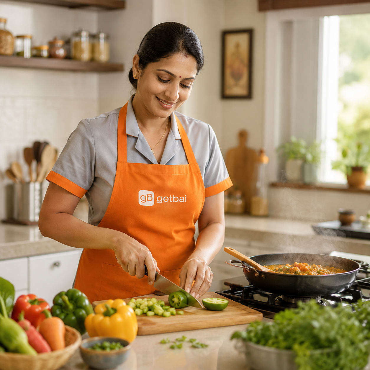 Female GetBai cook in orange apron preparing home food