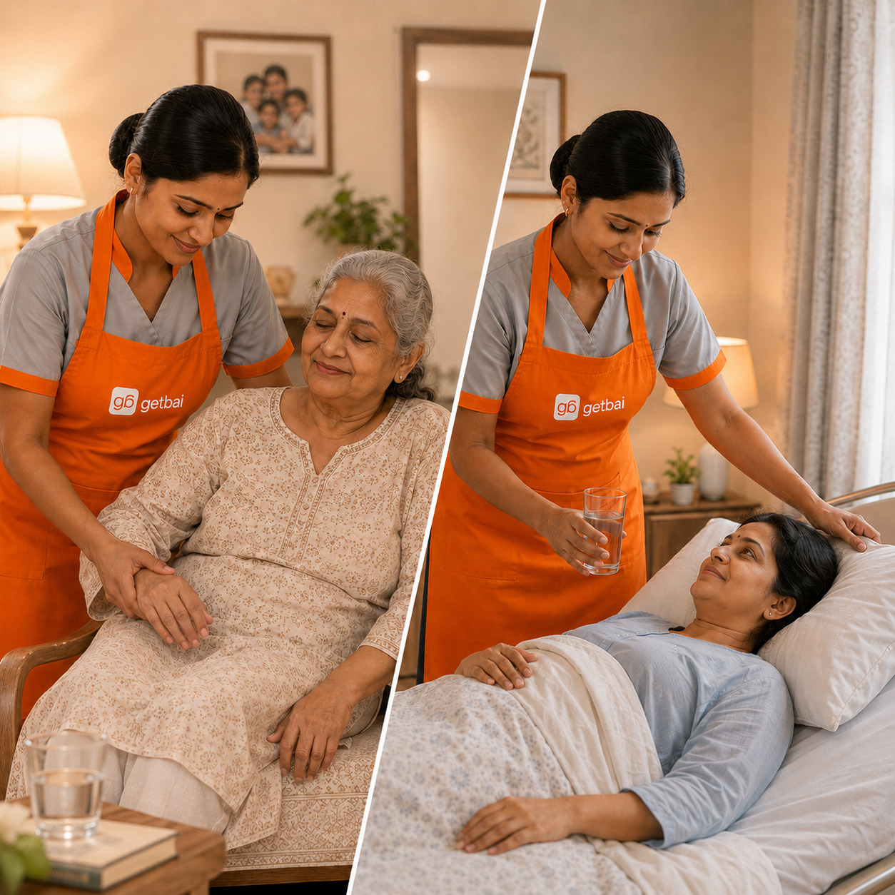 Female GetBai caretaker in orange apron assisting elderly and patient care