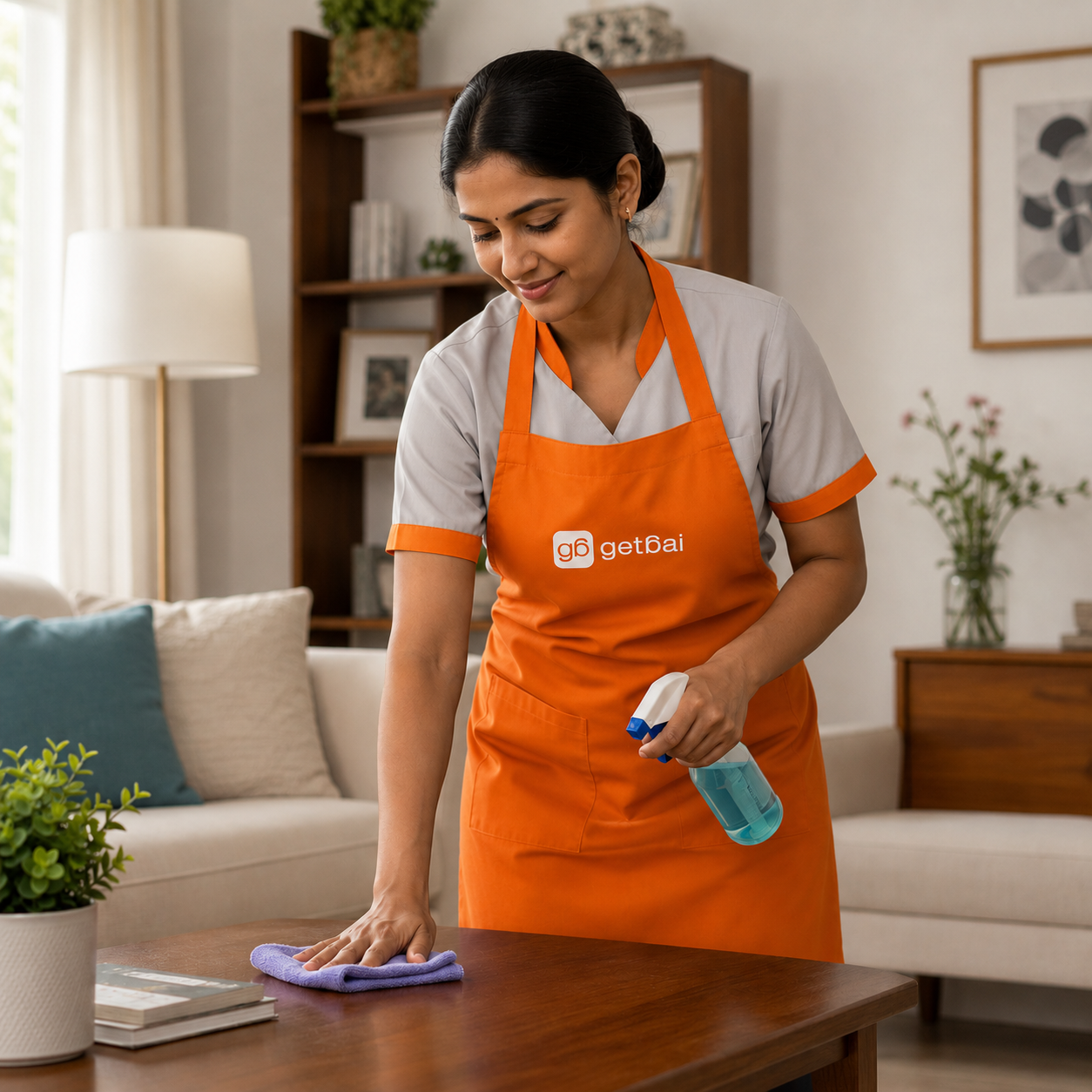 Female GetBai housemaid in orange apron cleaning a home
