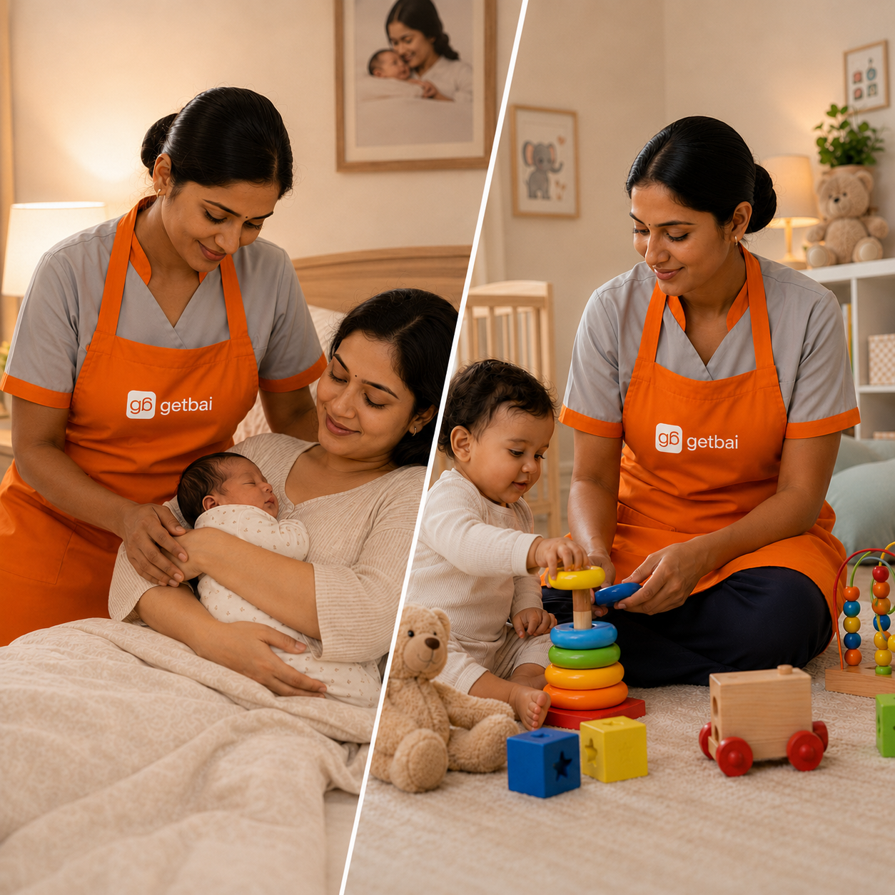 Female GetBai japa and nanny in orange apron caring for newborn and baby