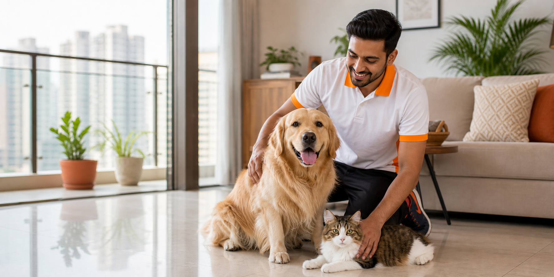 Professional pet caretaker feeding dog at home in Mumbai